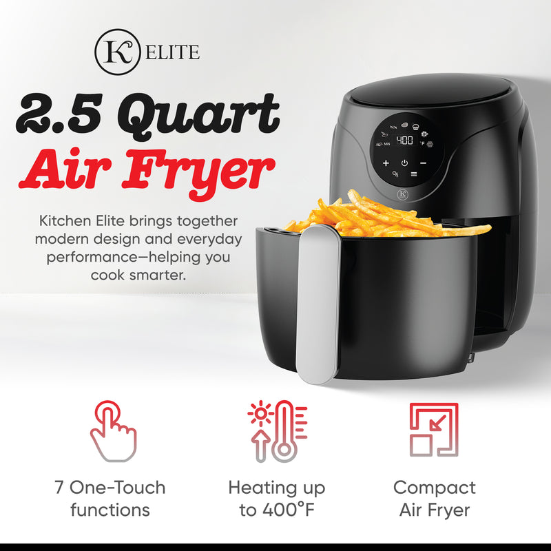 Kitchen Elite 2.5 Quart Compact Air Fryer Oven Small Countertop Oil-Free Cooker with PFAS-Free Nonstick Basket, Easy Clean, Black