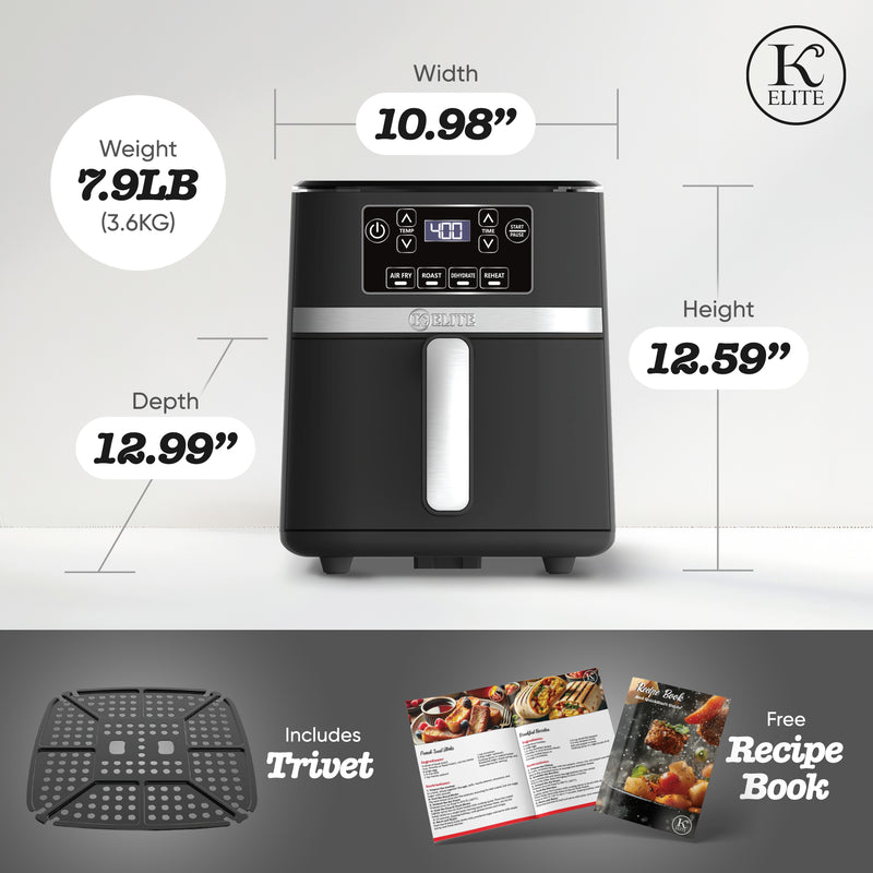Kitchen Elite 3 Quart Digital Air Fryer Oven Compact Countertop Oil-Free Cooker with PFAS-Free Nonstick Basket, Easy Clean, Black