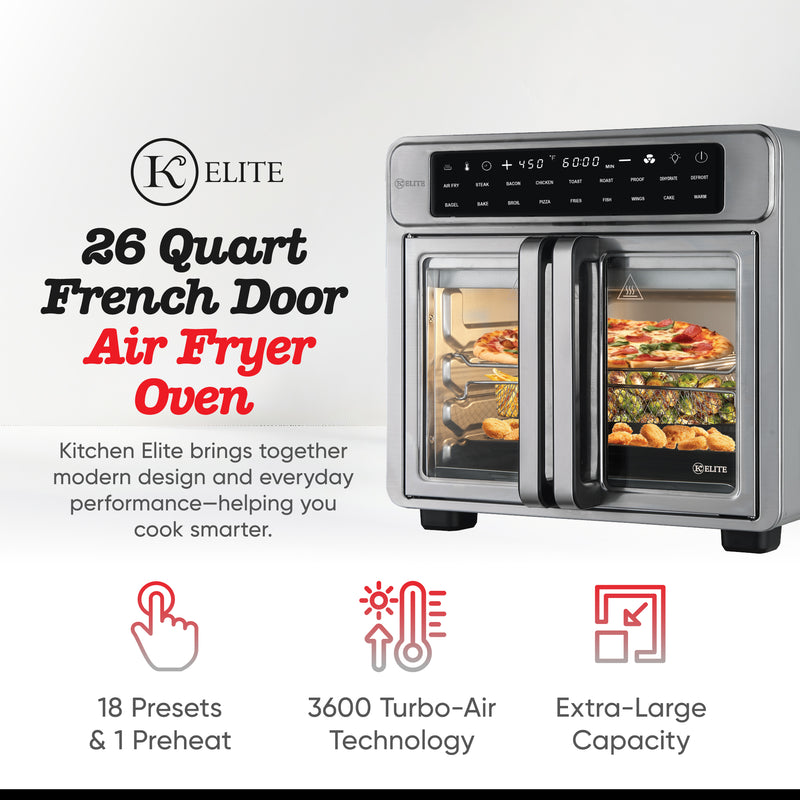 Kitchen Elite 26 Quart French Door Air Fryer Oven Extra Large Countertop Convection Cooker with LED Display