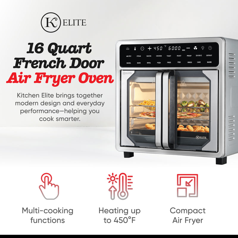 Kitchen Elite 16 Quart French Door Air Fryer Oven Countertop Convection Cooker with LED Display