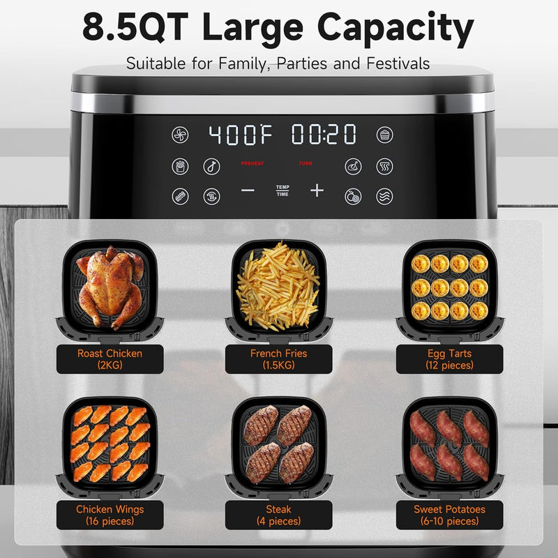 Kitchen Elite 8.5QT Stainless Steel Air Fryer – Family-Sized, 10-in-1 Functions, 90% Less Oil, Rapid Heating KE-AF-114-85QT-AMZ