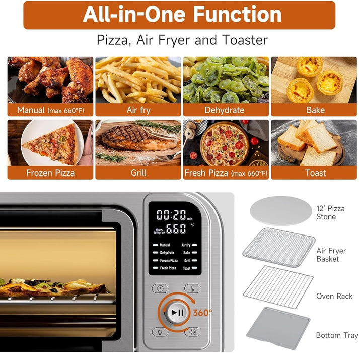 Kitchen Elite Air Fryer Pizza Oven Combo, 8-IN-1 Digital Toaster Oven Airfryer, Stainless Steel Convection Oven Countertop for 12' Pizza / 9 Slices, Flip Up & Away Capability for Space-saving, 1700W