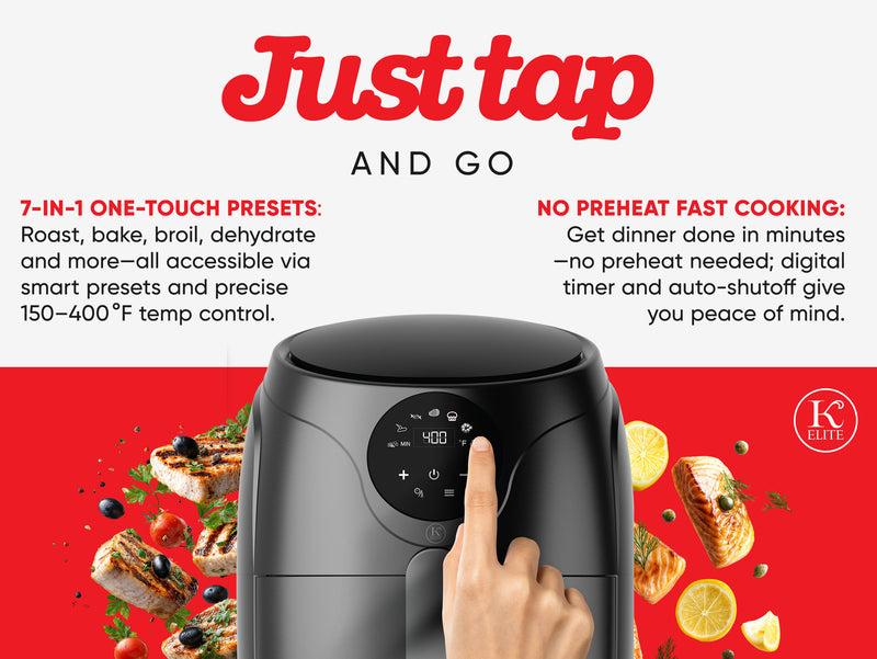 Kitchen Elite 2.5 Quart Compact Air Fryer Oven Small Countertop Oil-Free Cooker with PFAS-Free Nonstick Basket, Easy Clean, Black