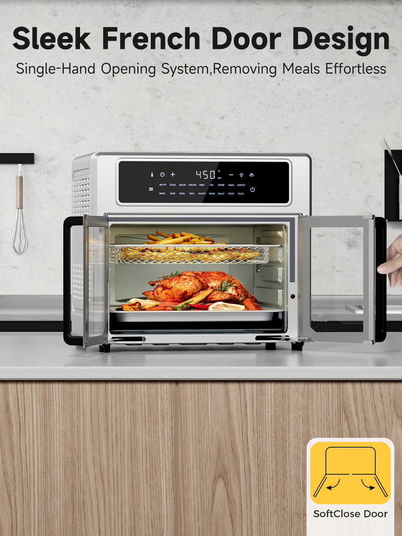 Kitchen Elite 26.4QT French Door Air Fryer Oven – 18-in-1 Convection Cooker, 360° Turbo-Air Technology, Digital Touchscreen, Fast Cooking & 85% Less Oil, Stainless Steel