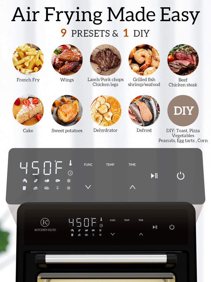 Kitchen Elite Air Fryer Toaster Oven Combo, 12.6 QT Stainless Steel Airfryer 10 in 1, Convection Oven Countertop 450°F, Non-Toxic for Bake, Roast, Reheat, Broiler, Dehydrate - Black