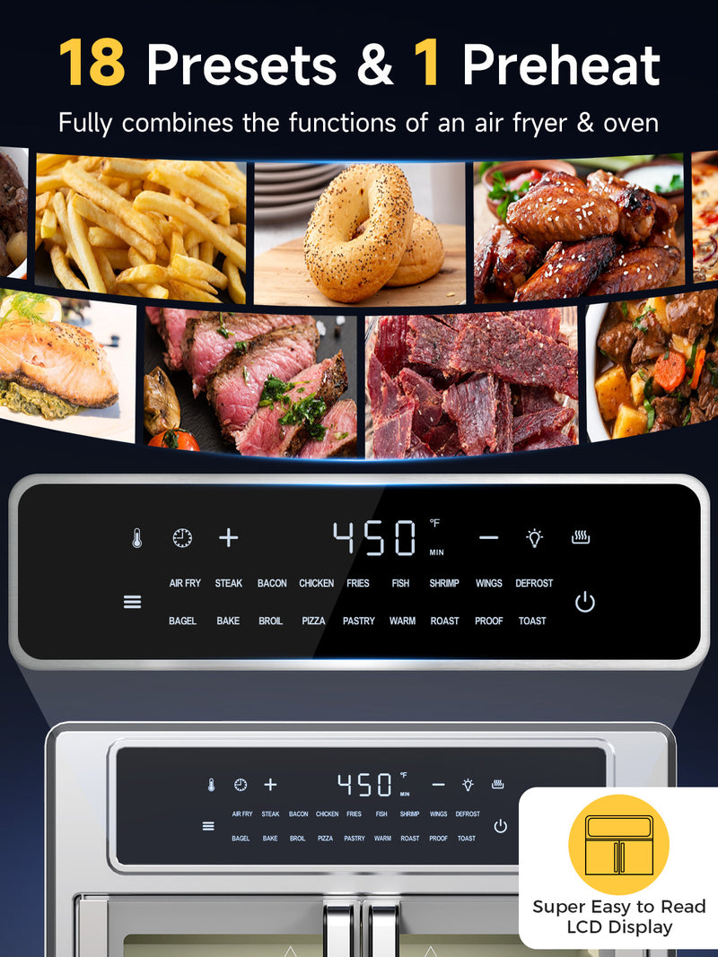 Kitchen Elite 26.4QT French Door Air Fryer Oven – 18-in-1 Convection Cooker, 360° Turbo-Air Technology, Digital Touchscreen, Fast Cooking & 85% Less Oil, Stainless Steel