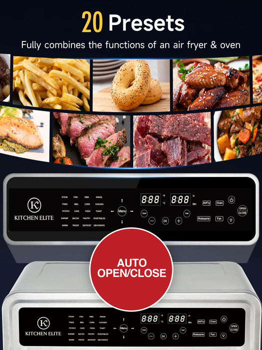 Kitchen Elite 30QT French Door Air Fryer Oven | 20-in-1 Multi-Function Convection Oven with Automatic Touch Door, Rotisserie, Dehydrator, Pizza Stone | 5 Heating Elements up to 450°F | 9 Accessories Included