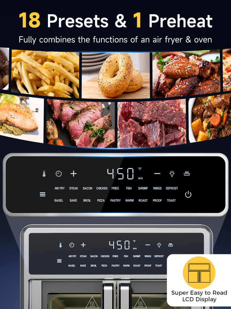 Kitchen Elite 15.8QT French Door Air Fryer Oven 10-in-1 Countertop Convection Cooker, No Preheat Needed, Digital Touchscreen, Rotisserie & Dehydrator, Stainless Steel