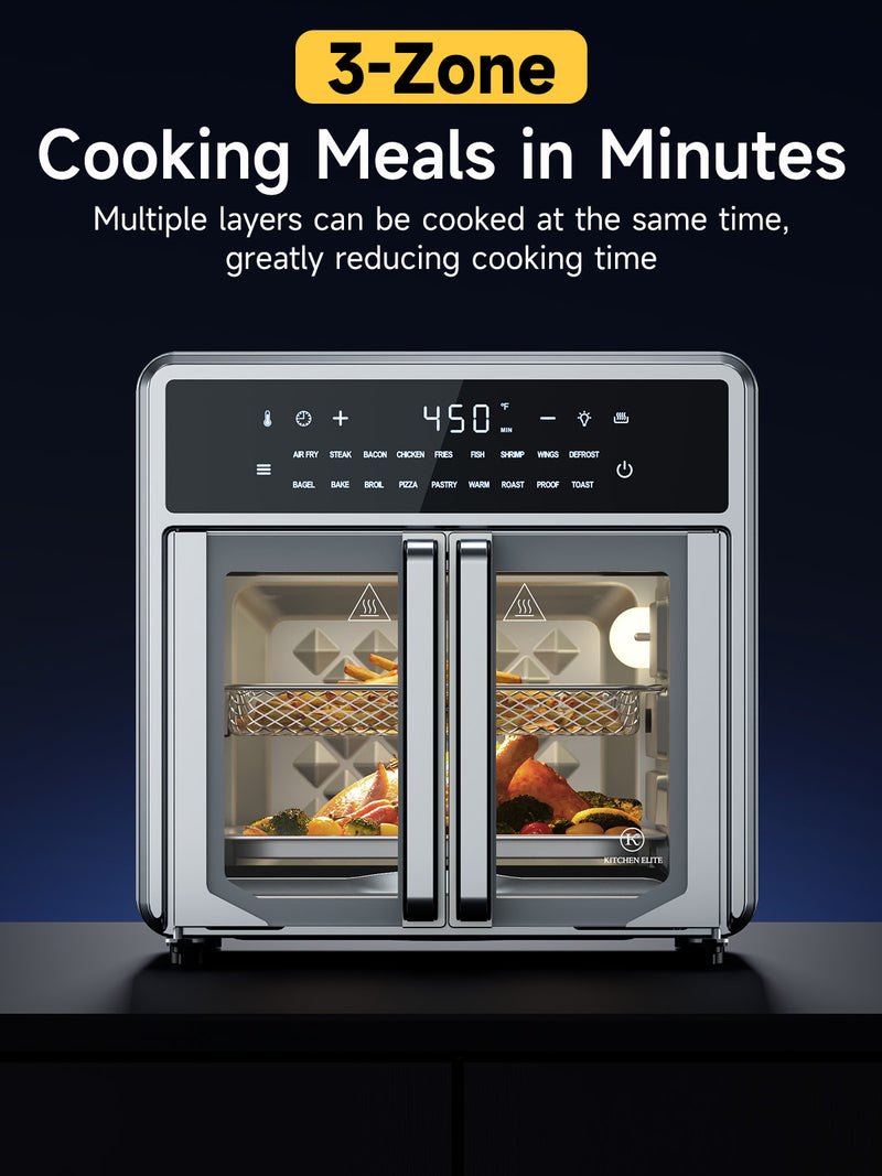 Kitchen Elite 15.8QT French Door Air Fryer Oven 10-in-1 Countertop Convection Cooker, No Preheat Needed, Digital Touchscreen, Rotisserie & Dehydrator, Stainless Steel
