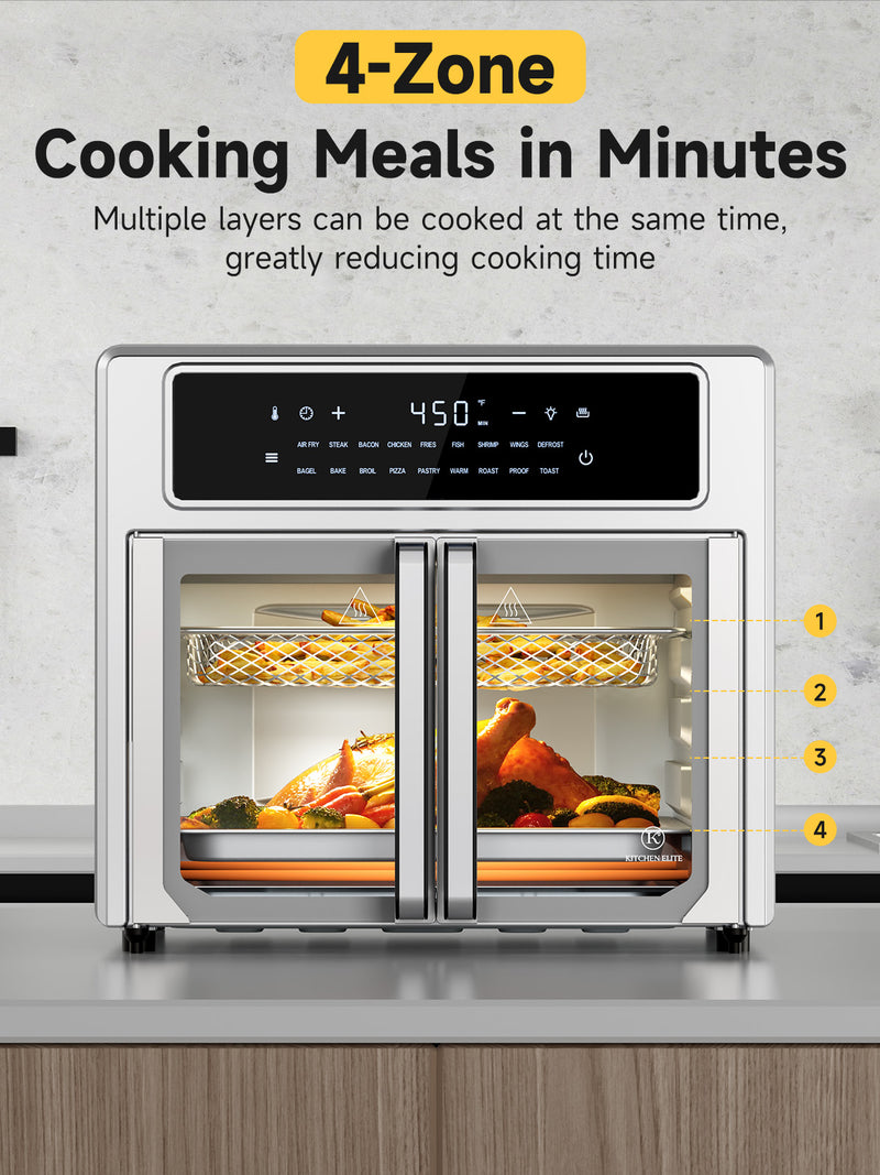 Kitchen Elite 26.4QT French Door Air Fryer Oven – 18-in-1 Convection Cooker, 360° Turbo-Air Technology, Digital Touchscreen, Fast Cooking & 85% Less Oil, Stainless Steel