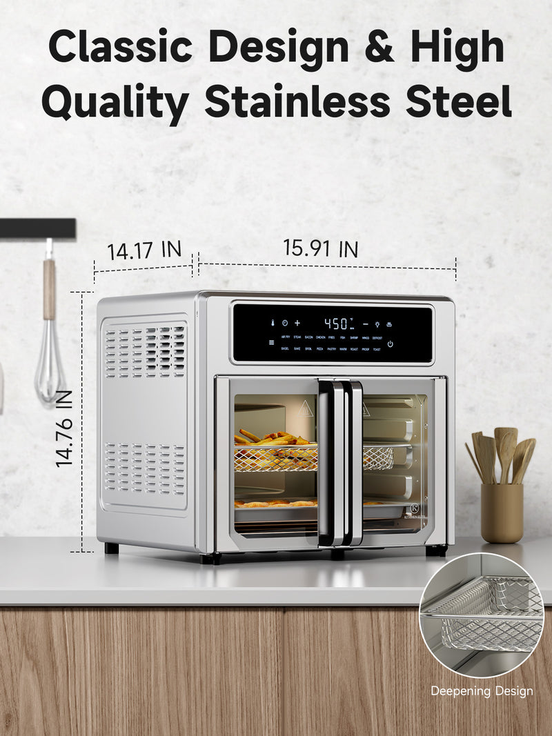 Kitchen Elite 26.4QT French Door Air Fryer Oven – 18-in-1 Convection Cooker, 360° Turbo-Air Technology, Digital Touchscreen, Fast Cooking & 85% Less Oil, Stainless Steel