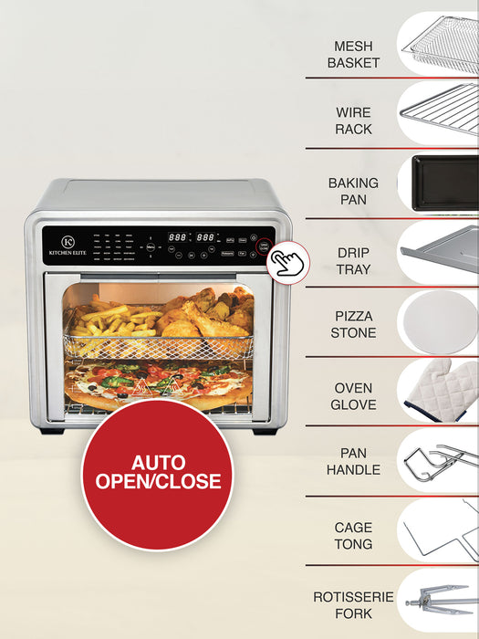 Kitchen Elite 30QT French Door Air Fryer Oven | 20-in-1 Multi-Function Convection Oven with Automatic Touch Door, Rotisserie, Dehydrator, Pizza Stone | 5 Heating Elements up to 450°F | 9 Accessories Included