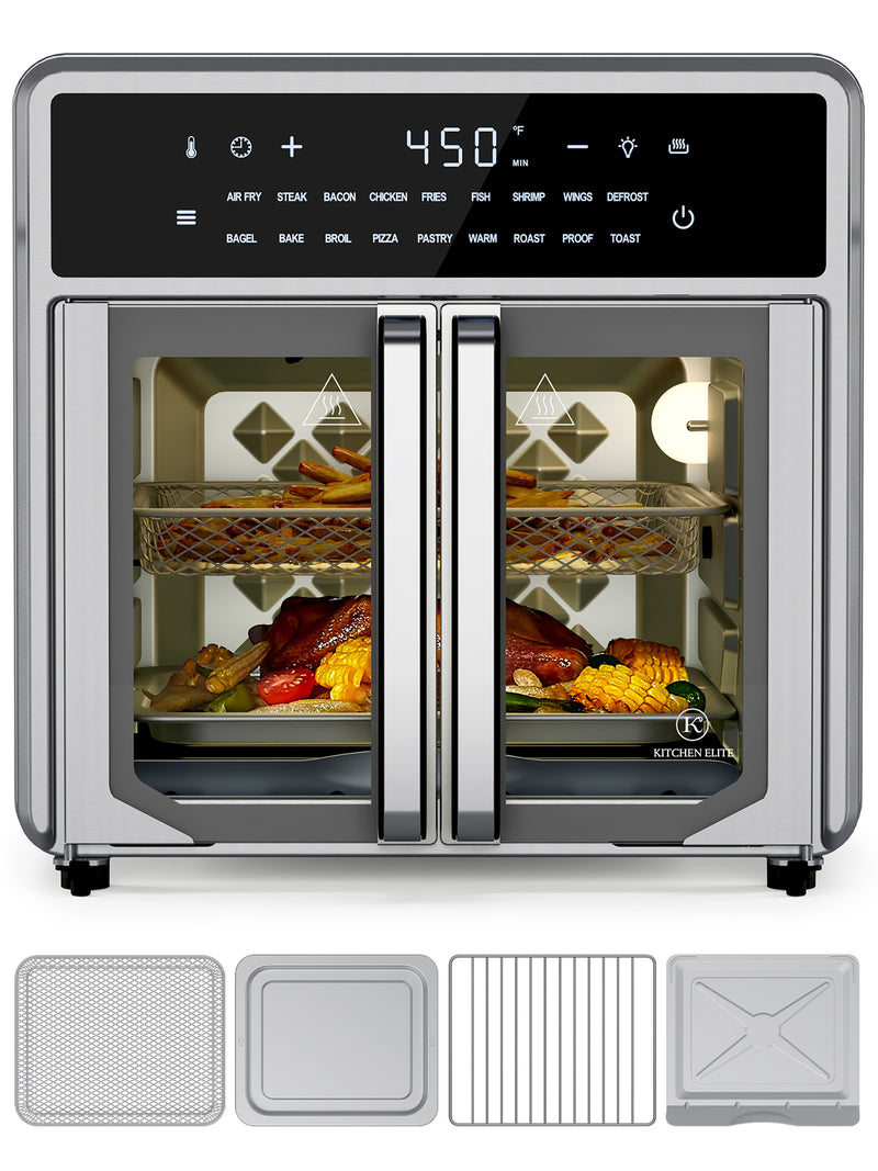 Kitchen Elite 15.8QT French Door Air Fryer Oven 10-in-1 Countertop Convection Cooker, No Preheat Needed, Digital Touchscreen, Rotisserie & Dehydrator, Stainless Steel