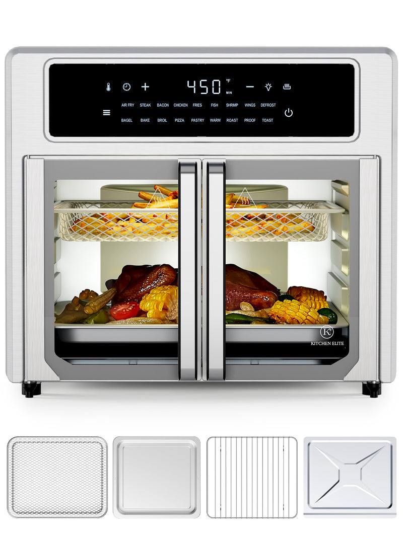Kitchen Elite 26.4QT French Door Air Fryer Oven – 18-in-1 Convection Cooker, 360° Turbo-Air Technology, Digital Touchscreen, Fast Cooking & 85% Less Oil, Stainless Steel