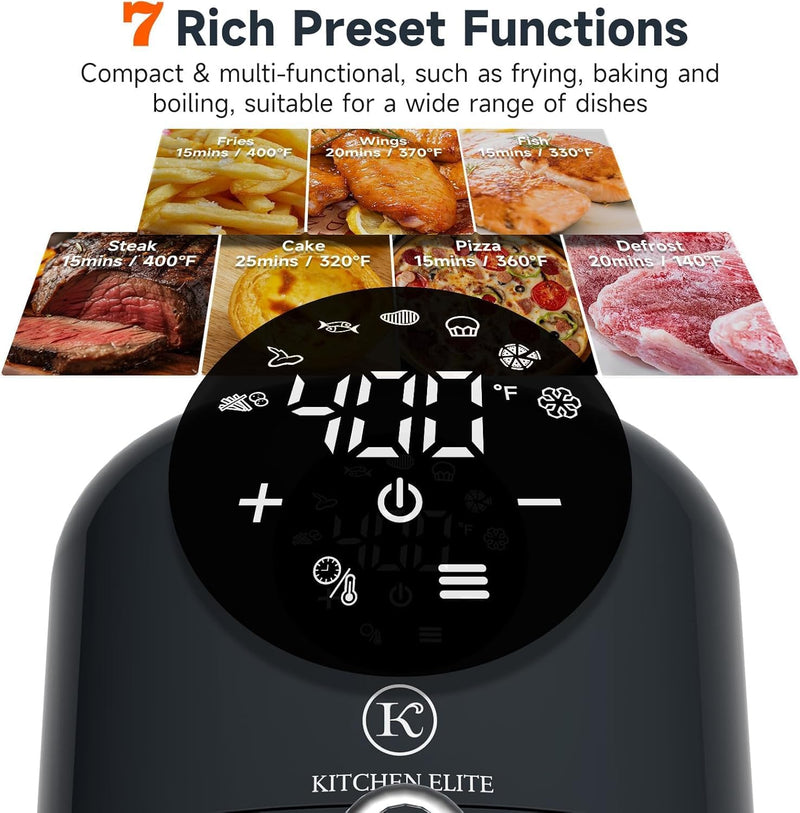 Kitchen Elite Air Fryer 2QT, 7 Presets,Compact Grey Design,Perfect for Simple Meals & Snack, Easy to Clean,90% Less Oil, Nonstick & Dishwasher Safe Basket
