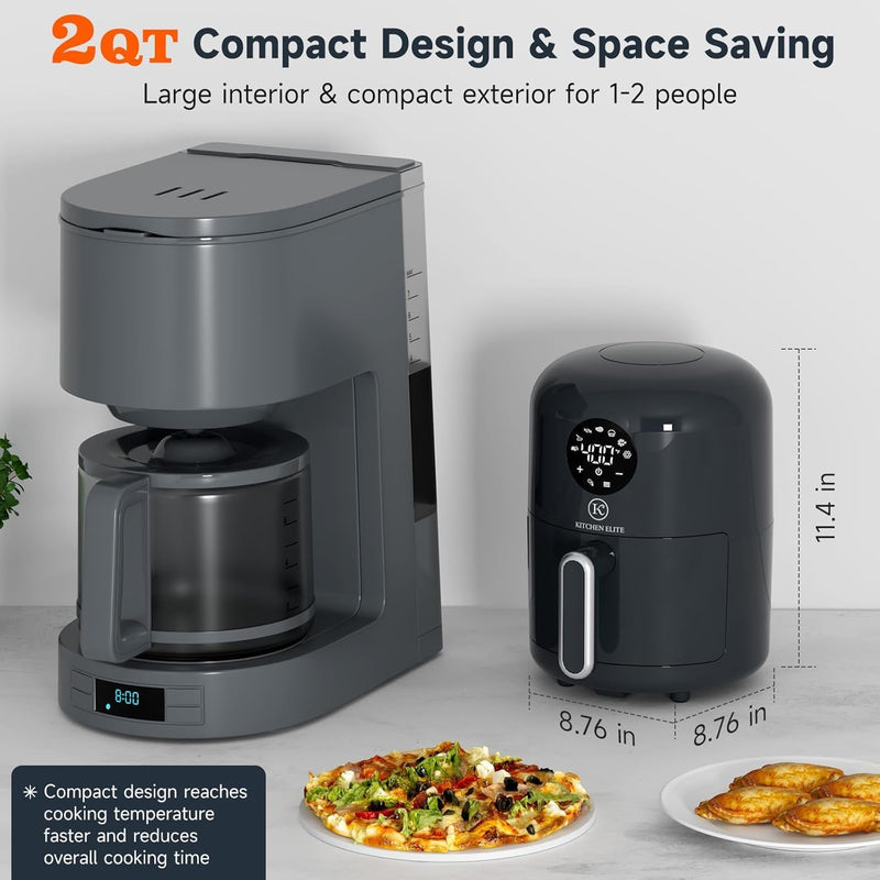 Kitchen Elite Air Fryer 2QT, 7 Presets,Compact Grey Design,Perfect for Simple Meals & Snack, Easy to Clean,90% Less Oil, Nonstick & Dishwasher Safe Basket
