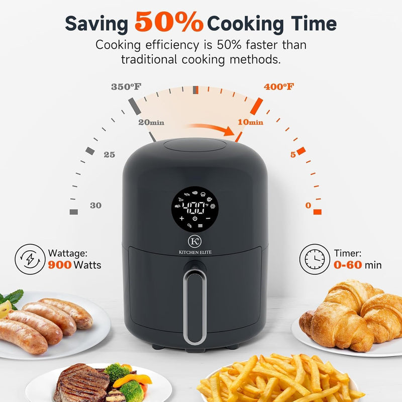 Kitchen Elite Air Fryer 2QT, 7 Presets,Compact Grey Design,Perfect for Simple Meals & Snack, Easy to Clean,90% Less Oil, Nonstick & Dishwasher Safe Basket
