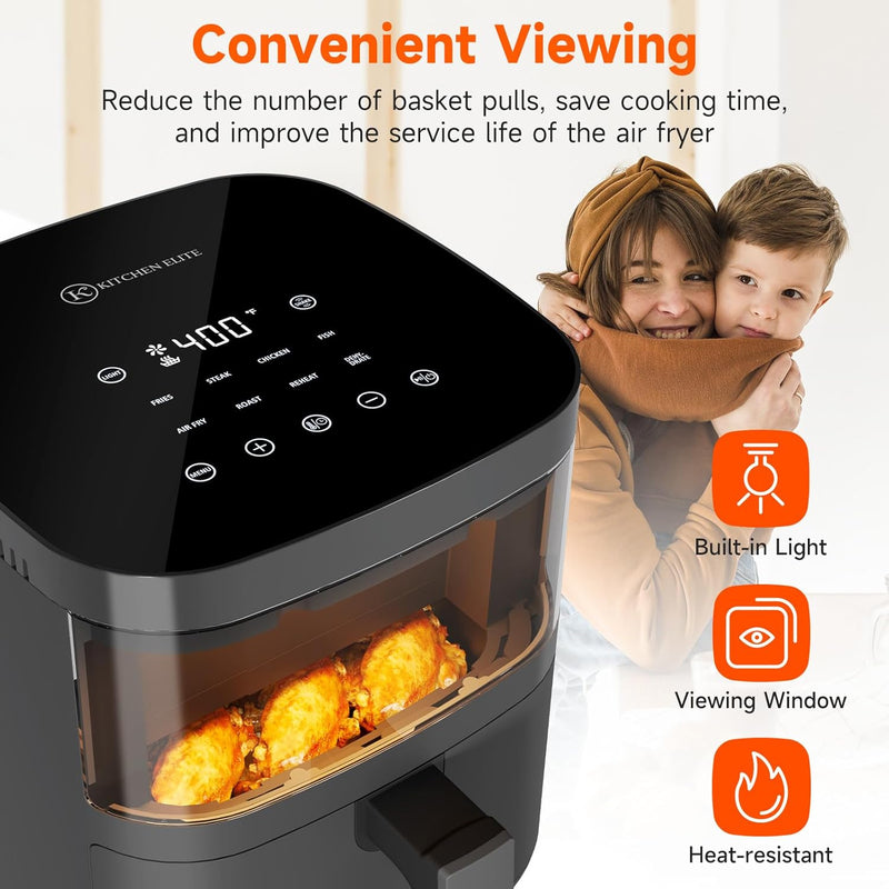 Kitchen Elite Air Fryer with View Window, 8 in 1 Compact Digital Airfryer, 5 °F Precise Control, Saving-Space Design, Nonstick & Dishwasher Safe, Roast, Broil, 1550W, Simple Elegant Gray - KE-AF-115-4QT-AMZ