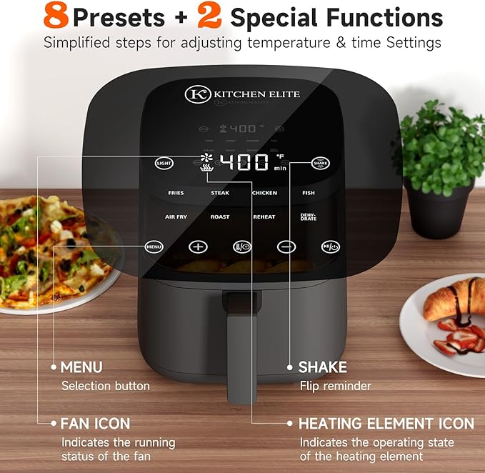 Kitchen Elite Air Fryer with View Window, 8 in 1 Compact Digital Airfryer, 5 °F Precise Control, Saving-Space Design, Nonstick & Dishwasher Safe, Roast, Broil, 1550W, Simple Elegant Gray - KE-AF-115-4QT-AMZ