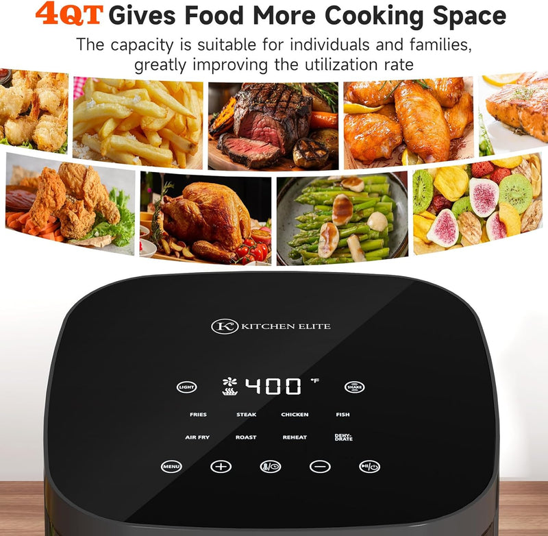 Kitchen Elite Air Fryer with View Window, 8 in 1 Compact Digital Airfryer, 5 °F Precise Control, Saving-Space Design, Nonstick & Dishwasher Safe, Roast, Broil, 1550W, Simple Elegant Gray - KE-AF-115-4QT-AMZ
