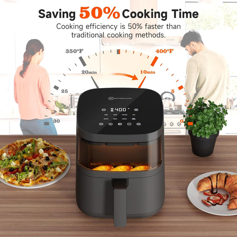 Kitchen Elite Air Fryer with View Window, 8 in 1 Compact Digital Airfryer, 5 °F Precise Control, Saving-Space Design, Nonstick & Dishwasher Safe, Roast, Broil, 1550W, Simple Elegant Gray - KE-AF-115-4QT-AMZ