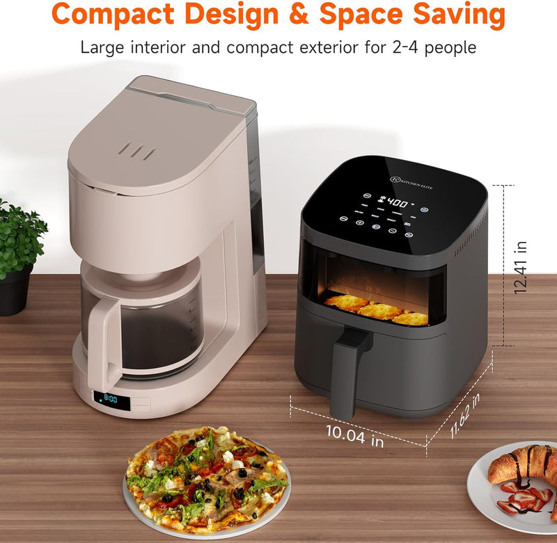 Kitchen Elite Air Fryer with View Window, 8 in 1 Compact Digital Airfryer, 5 °F Precise Control, Saving-Space Design, Nonstick & Dishwasher Safe, Roast, Broil, 1550W, Simple Elegant Gray - KE-AF-115-4QT-AMZ